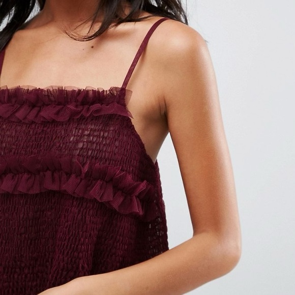 ASOS 🍓 NWOT Sheer cranberry mesh cami top with shirring and ruffles UK 16/US 12 - Picture 3 of 6